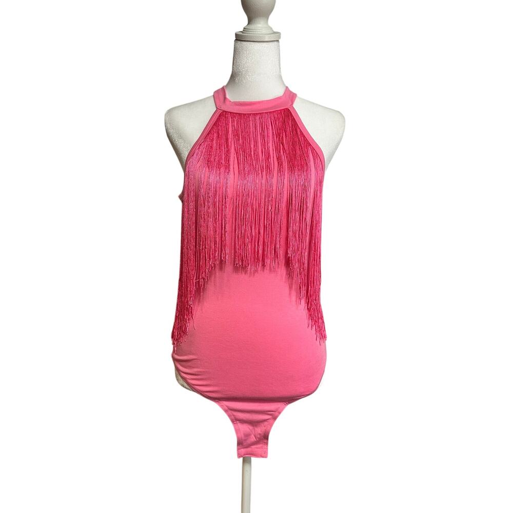 Pink fringe high neck tank top body suit